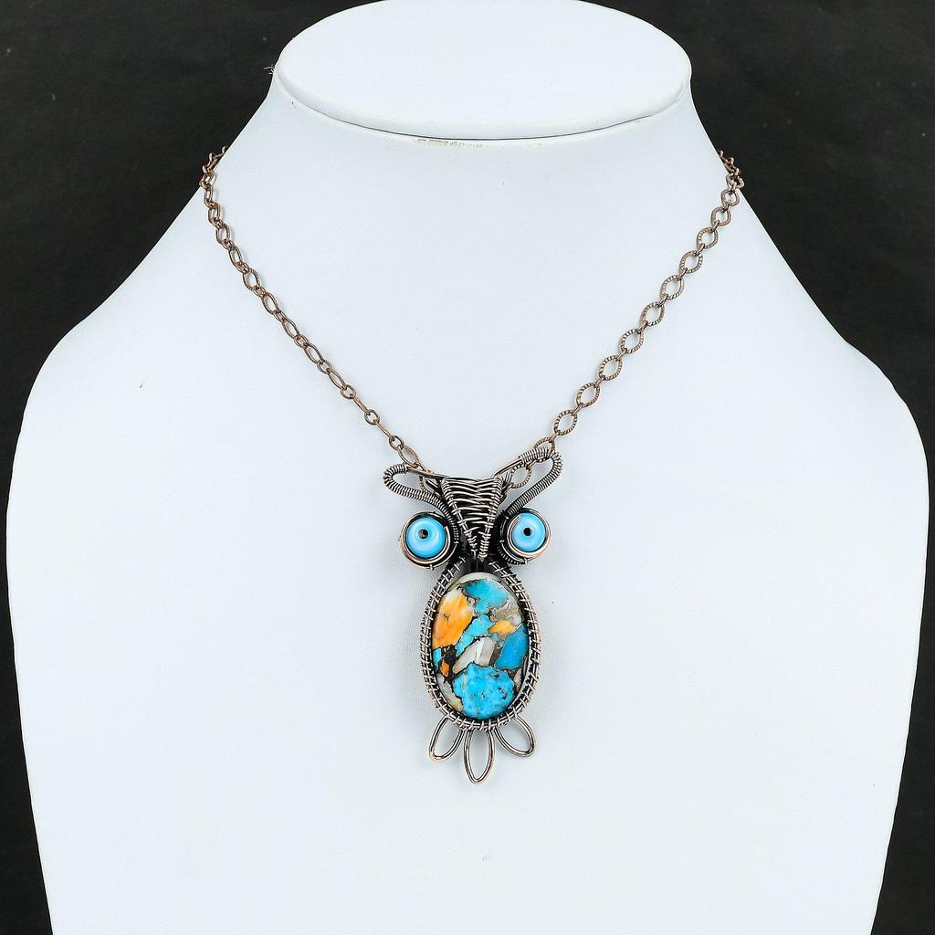 Spiny Oyster Copper Turquoise Pendant Copper Wire Wrapped Gemstone Pendant Blue Color Evil Eye Pendant Owl Pendant Handmade Copper Jewelry