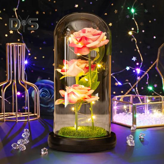 Rose préservée dans un dôme en verre avec éclairage LED, fleur éternelle, cadeau romantique pour femme, Saint-Valentin, fête des mères