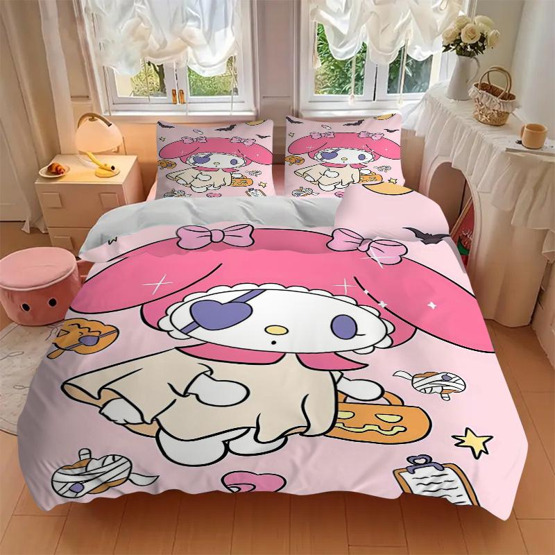 3-teiliges Halloween-Abenteuer My Melody Aufdruck Bettwäsche-Set (1 Bettbezug + 2 Kissenbezüge, Ohne Füllung), Weich und bequem S024