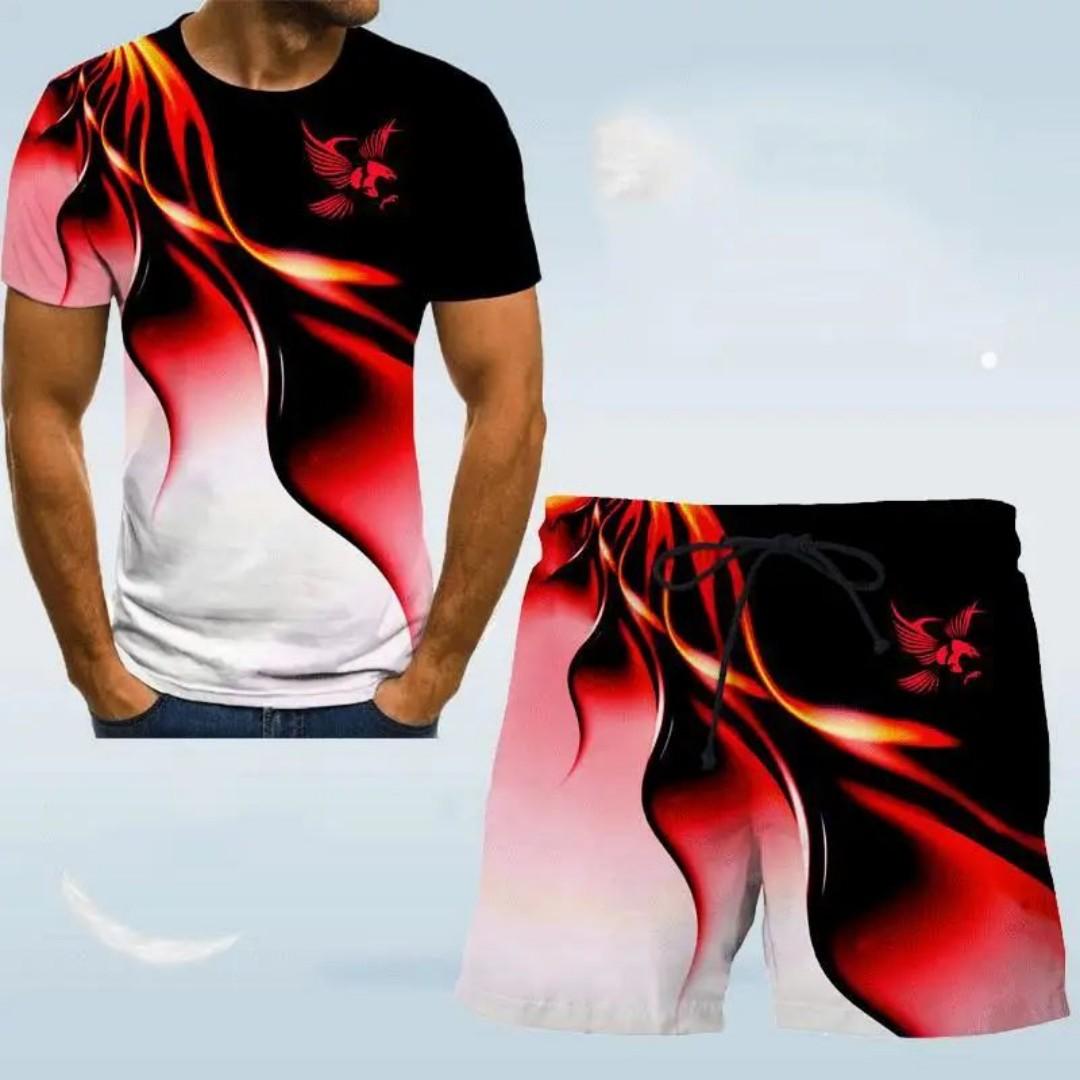 

2025 Summer new Men s Eagle Print T-shirt and Shorts set 3D printed casual style summer wear Hawaiian coat fashion 5XL