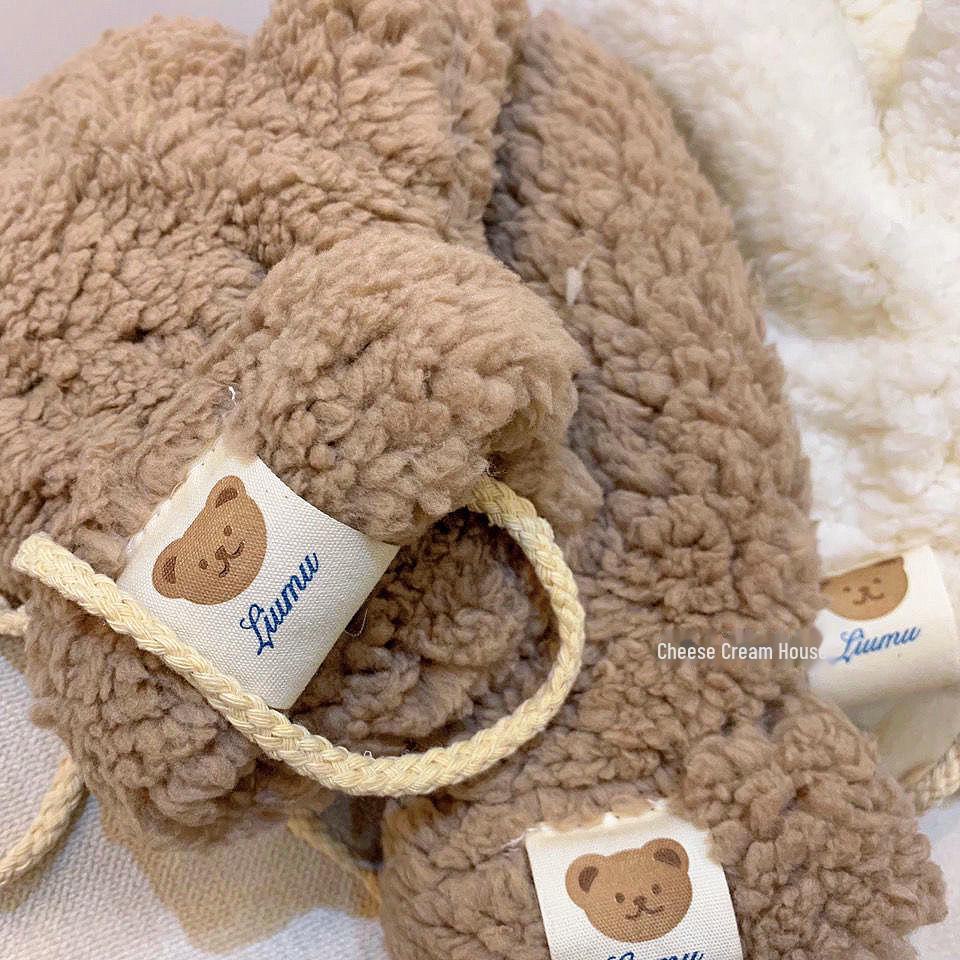 Cute Bear Plush Women's Winter Cycling Halter Neck Gloves - Warm, Thickened, Plus Velvet Cotton.