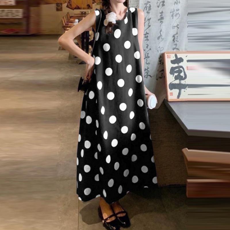 ZANZEA Women Casual Round Neck Loose Polka Dot Print Sleeveless Dress S чёрный