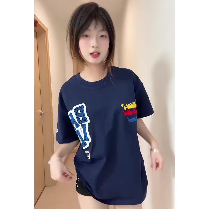 Women's Retro Black & White Cotton Crew Neck Loose T-Shirt - Summer 2025 Collection