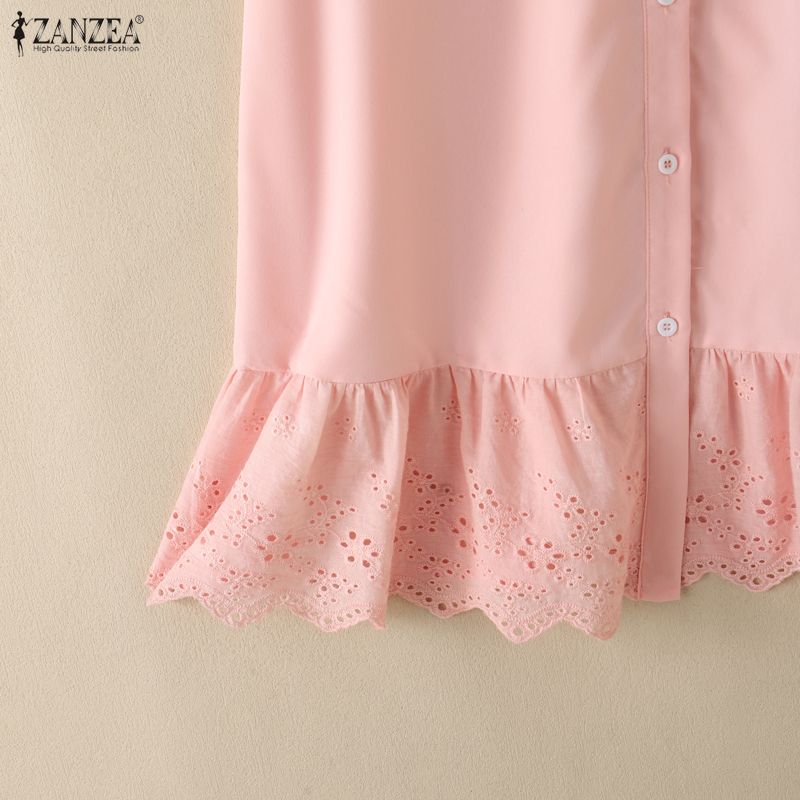 ZANZEA Women Daily Casual Round Neck Lace Crochet Splice Hem Loose Short Sleeve Dress