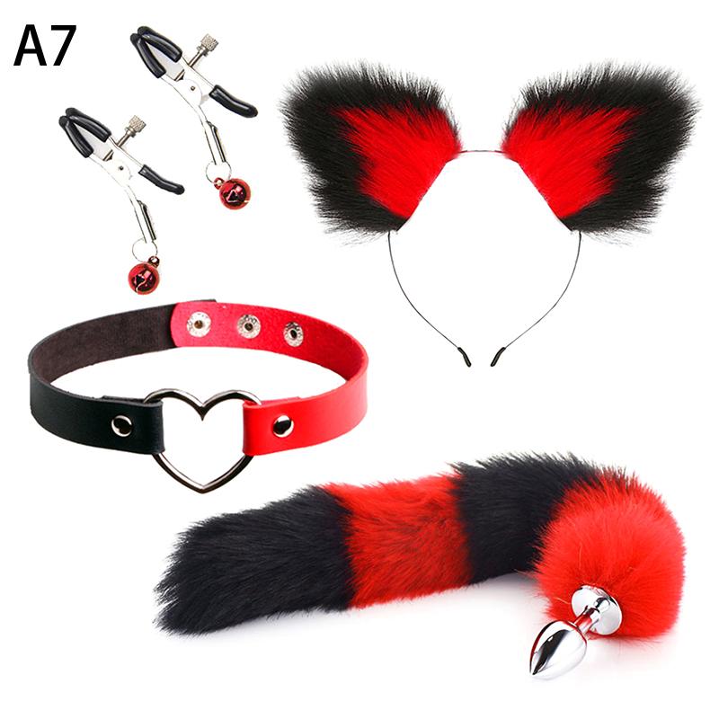 4Pcs Set Cute Fox Butt Tail Collar Anal Plug Nipple Clamp Soft Cat Ears Headbands Cosplay Adult Sex Toys Accessories