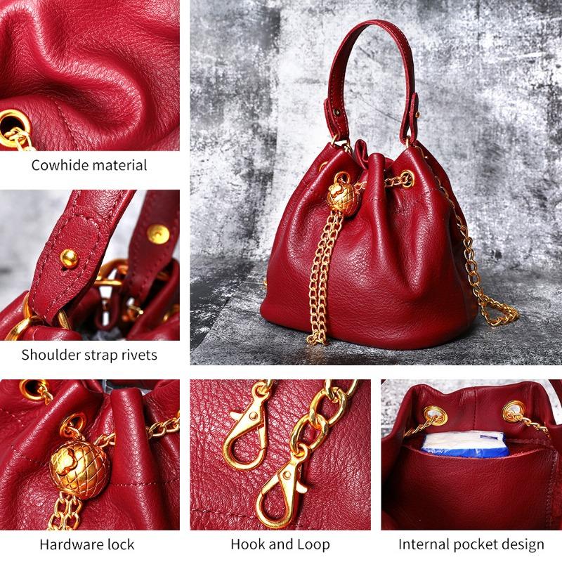 Top-grain Cowhide Ladies' Cosmetic Bag Casual Genuine Leather Bucket Bag Soft Cowhide Chain Bag