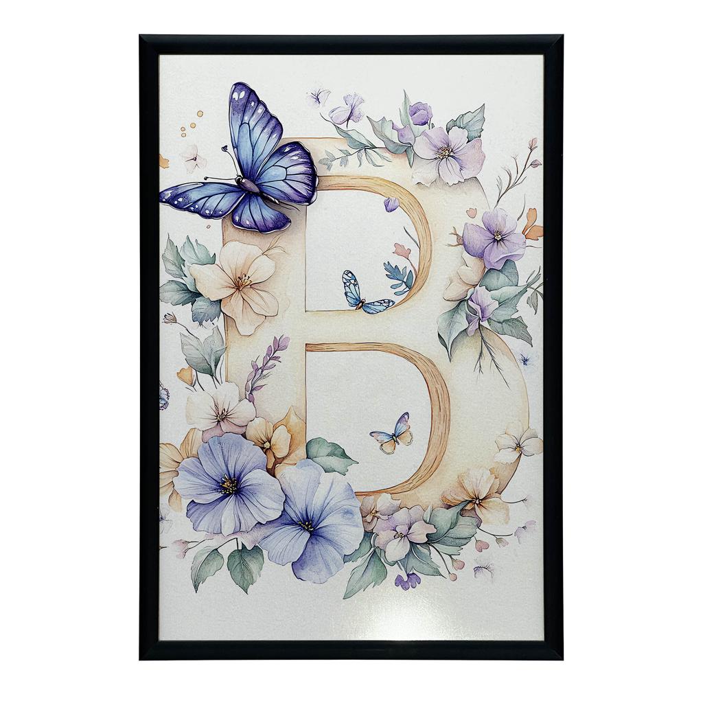 Plakat "B" W Kwiaty I Motyle Plakat "B" W Kwiaty I Motyle, 30X40 Cm, Rama Drewniana Ciemny Brąz, Papier Matowy 230 Gsm