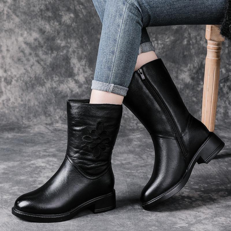 First layer cowhide real wool boots embroidered women's boots medium boots winter new short boots warm fashion mother shoes