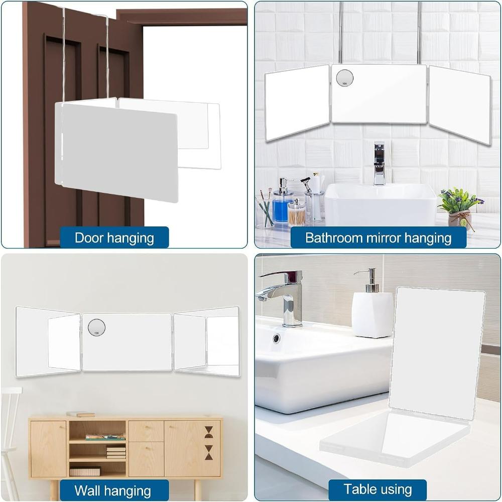 3Way Mirror 10X Magnification Mirror3 Way Mirror for Hair Cutting , 360 Trifold Mirror for Makeup To See Back of Head