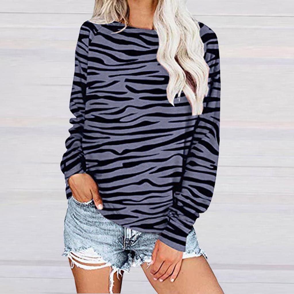 Fashion Women Loose Leopard Stripes Printed Blouse Long Sleeves T-Shirt Tops