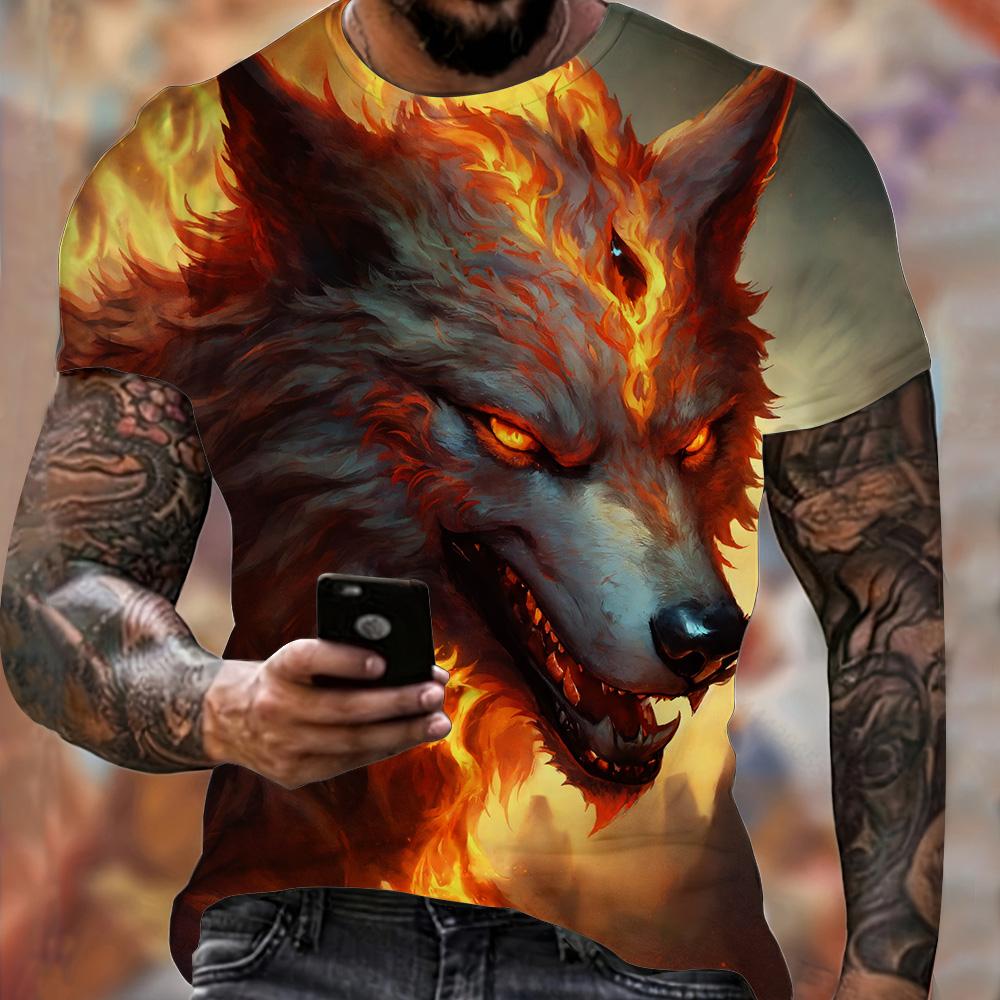 Summer Men's Lightweight Fitness Sports T-Shirt Cool Fire Wolf Graphic 3D Print Short Sleeve Casual Loose Streetwear Men's Tops