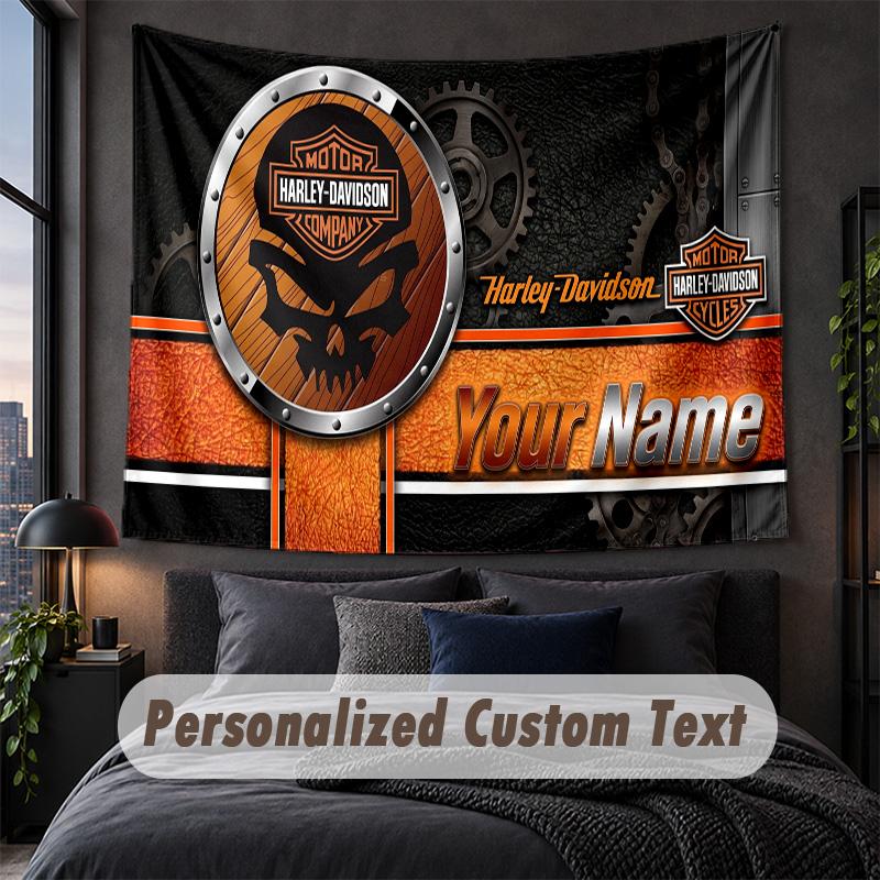 Benutzerdefiniertes Namens-Text-Wandteppich, Harley-Davidson Dekorative Wandbehang, Hintergrund-Wandteppich Für Zuhause Schlafzimmer 100cmx150cm orange