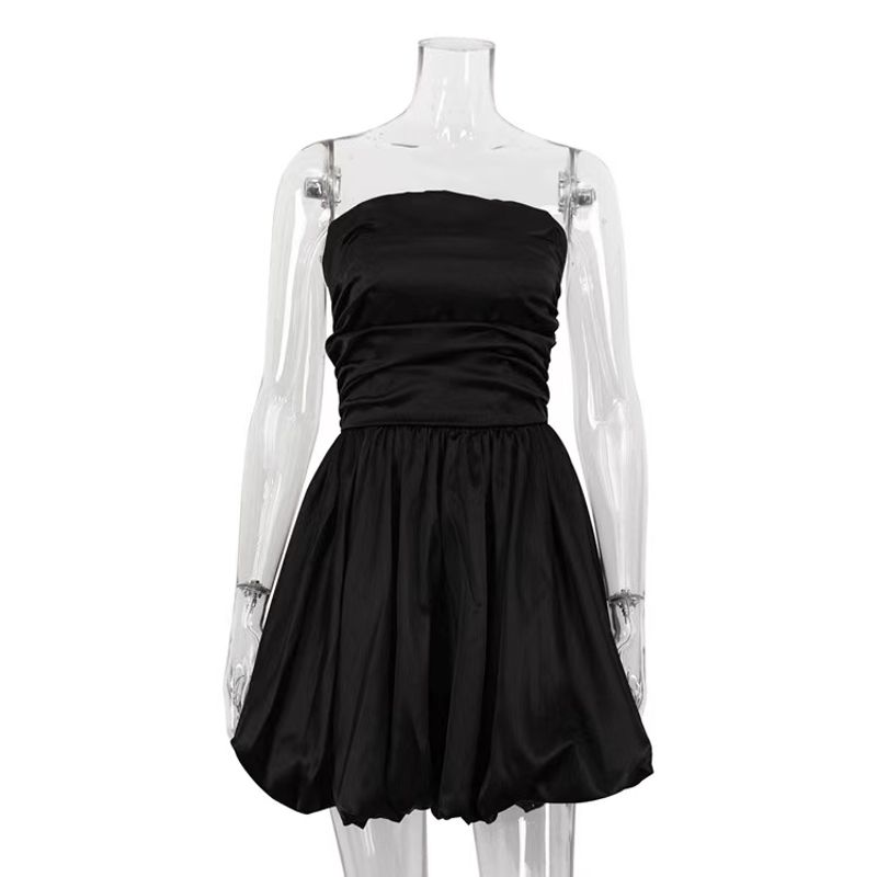 

European and American New Pleat Short dress Sexy Tube Top Satin Dress Sexy Satin Strapless Dress Black S