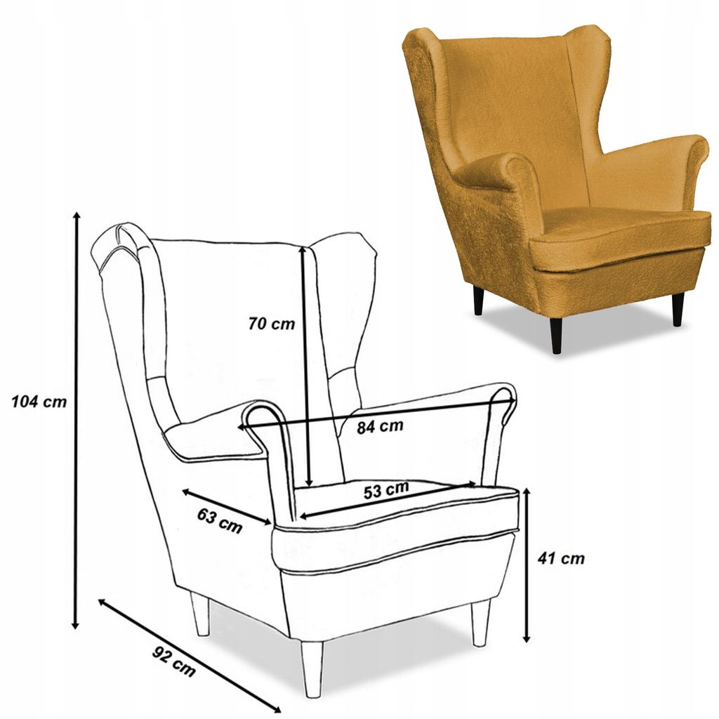 Fotel uszak Bella z podnóżkiem skandynawski Family Meble złoty musztardowy
