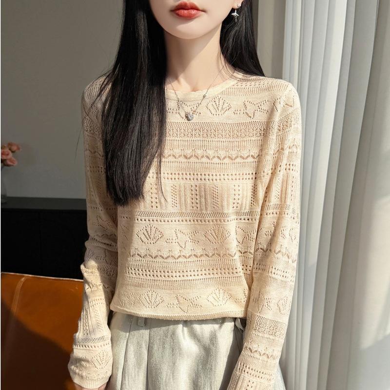 Women S Round Neck Long Sleeve Loose Knit Sweater With Hollow Out