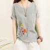 Blouse pour femme en coton et lin, grande taille, manches courtes, avec poches et T-shirt en coton et lin imprimé fleur de lys