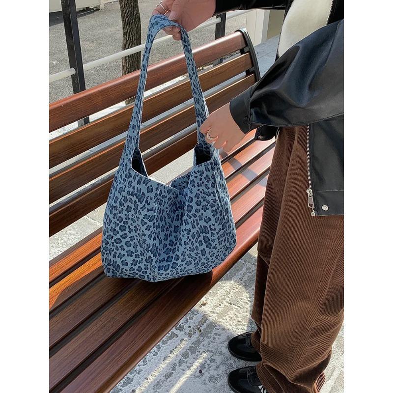 Retro Leopard Print Women's Canvas Shoulder Bags Large Capacity Ladies Casual Tote Handbags Simple Daily Female Underarm Bags
