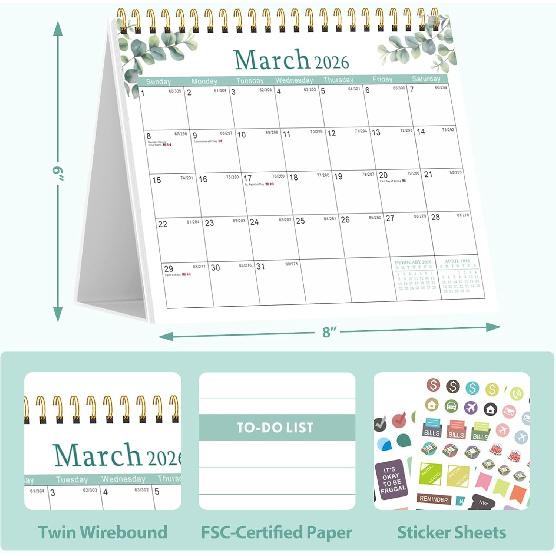 2026 Desk Calendar, Small Desktop Calendar Flip, Jan 2026 to Dec 2026, Standing Table Calendar with Stickers for Home School Work Office, (8" x 6")