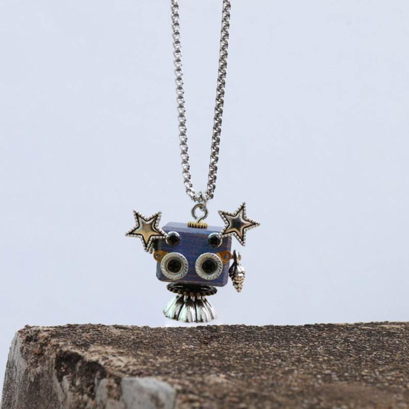 Wood Block Robot Pendant Necklace Adjustable Length Punk Neckchain Stylish Leather Cord Accessory Fade Resistant Chokers