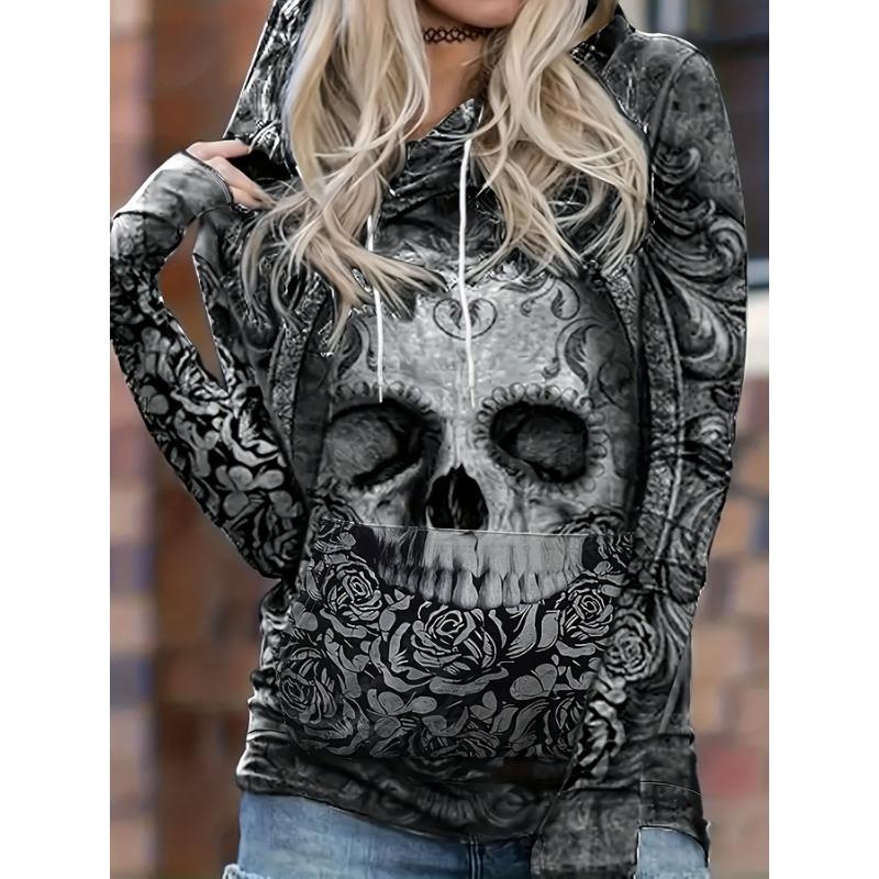 2025 Damenoberteile Herbst- und Winter-Hoodies Damen Lockerer Mexikanischer Tag der Toten Druck 3D-Druck Mode Lässiger Pullover-Hoodie