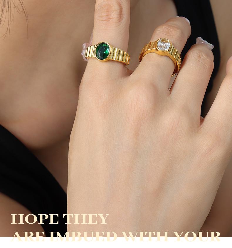 Retro Gold-Plated French Ring with White & Green Cubic Zirconia