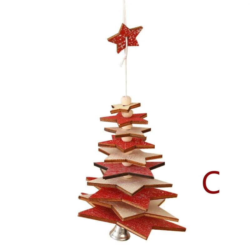 Christmas Wooden Bell Pendant, Creative Five Pointed Star Snowflake Christmas Tree Three-dimensional Small Hanging Decoration