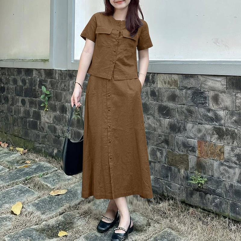 ZANZEA Women Short Sleeve Blouse and Long Skirts Summer Two Piece Suit Sets