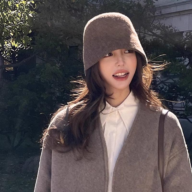 Pălărie coreeană tip bucket din lână simplă pentru femei, pentru toamnă și iarnă, care pune în valoare fața, față mică, cap mare, pălărie de pescar, nouă pălărie neagră tip bazin