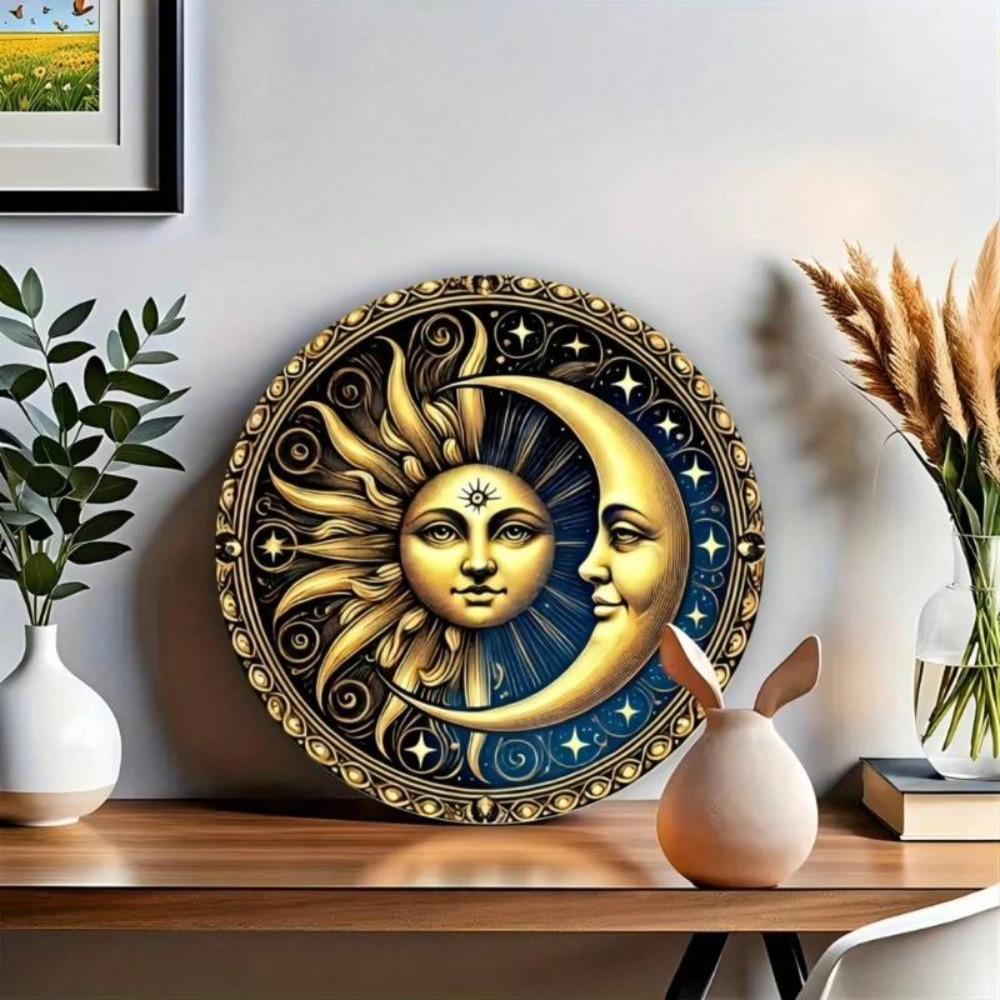 Sun Moon Metal Wall Decor 8 Inch Round Sign Solar Lunar Art Home Cafe Bar