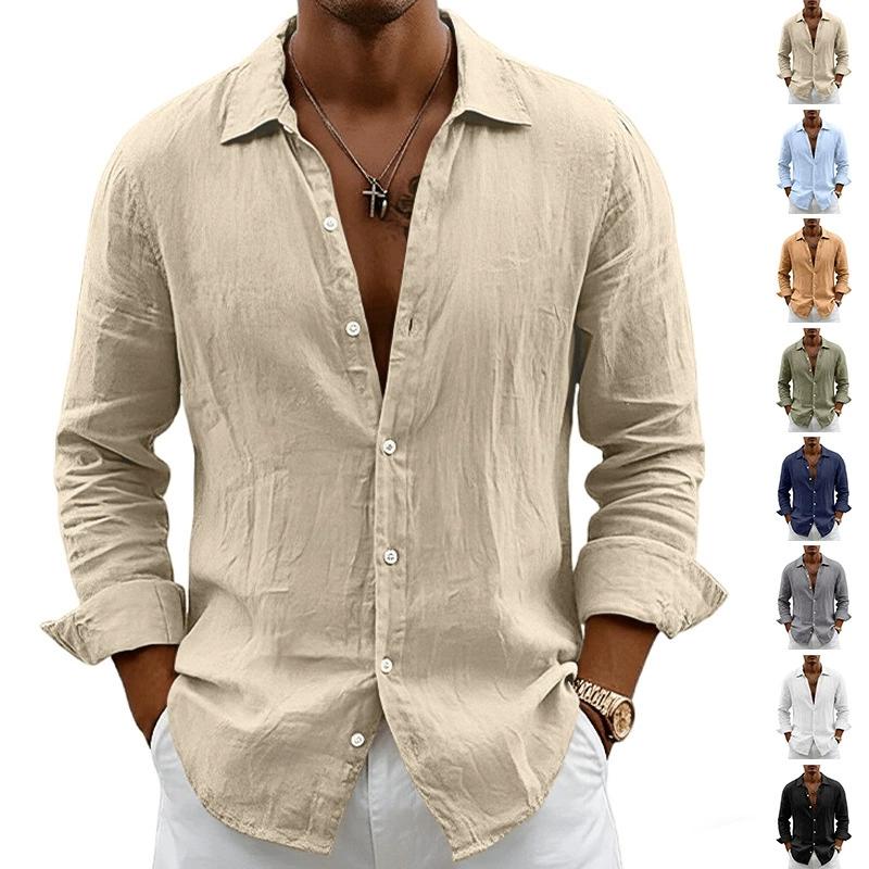 New Men's Solid Color Long Sleeve Shirt Linen Cotton Shirts Trend Plus-size Lapel Collar Casual Lightweight Beach Tops