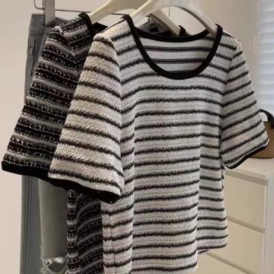 Summer Half-sleeved Striped Short-sleeved T-shirt for Women, New Chic and Unique Small Fragrance Silk Top