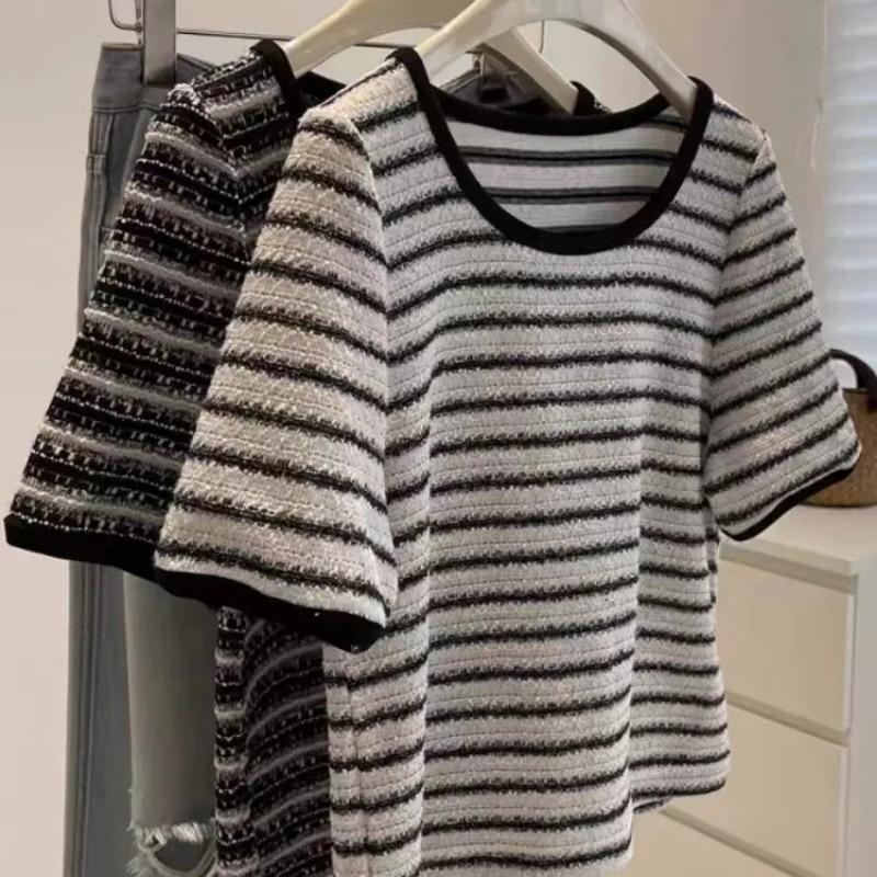 Summer Half-sleeved Striped Short-sleeved T-shirt for Women, New Chic and Unique Small Fragrance Silk Top