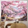 Tapisserie Lac aux Fleurs de Cerisier Style Asiatique 2D Arbre Sakura Rose Romantique Art Mural pour Décoration de Chambre Esthétique et Toile de Fond de Fête
