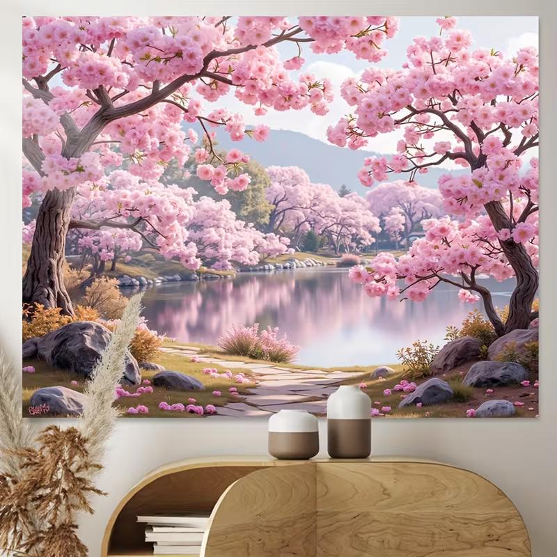 Tapisserie Lac aux Fleurs de Cerisier Style Asiatique 2D Arbre Sakura Rose Romantique Art Mural pour Décoration de Chambre Esthétique et Toile de Fond de Fête
