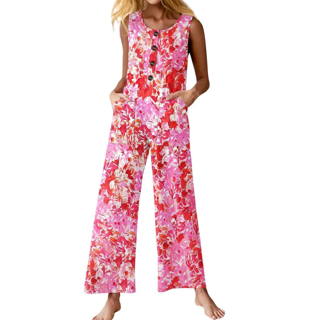 Women's Fashion Casual Button Sleeveless Jumpsuit Floral Flower Print Cotton Pocket Jumpsuit