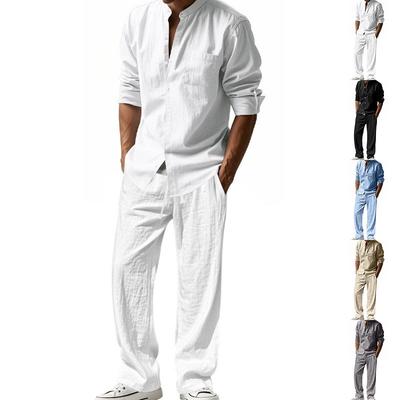 Conjunto de Praia de Linho Masculino Estilo Americano 2025: Camisa Casual Respirável de Manga Comprida e Calças