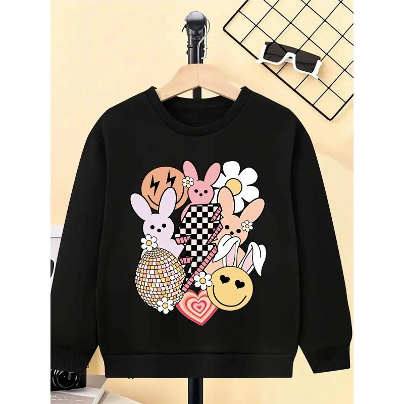 European sizes Kids' Crewneck Sweatshirt - Bunny Faces Joyful Heart Flower , Sportswear And Casual Wear, Soft And Comfortable, Children's Clothing