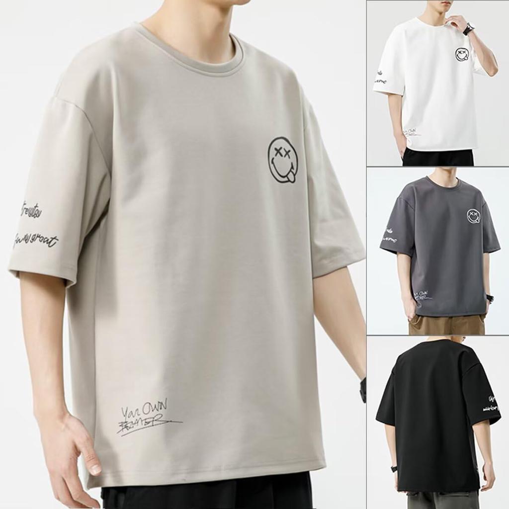 [Bligo] Men's 5/8 Sleeve T-Shirt, Plus Sizes, Round Neck, Smiley Logo, Relaxed Fit, Plain, Spring/Autumn, Casual, Short Sleeve T-Shirt, Stylish, Simpl