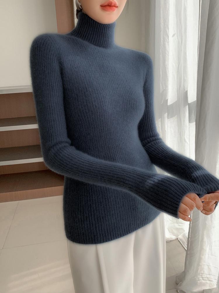 Women's Seamless Cashmere High-Neck Ribbed Sweater, Slim Fit, Body-Shaping, Slouchy Neck, Knit.