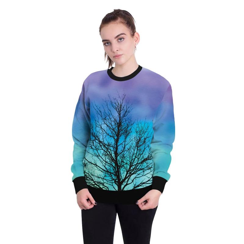 Halloween new threaded crew neck sweater digital printing branches gradual change color personality casual sweater women