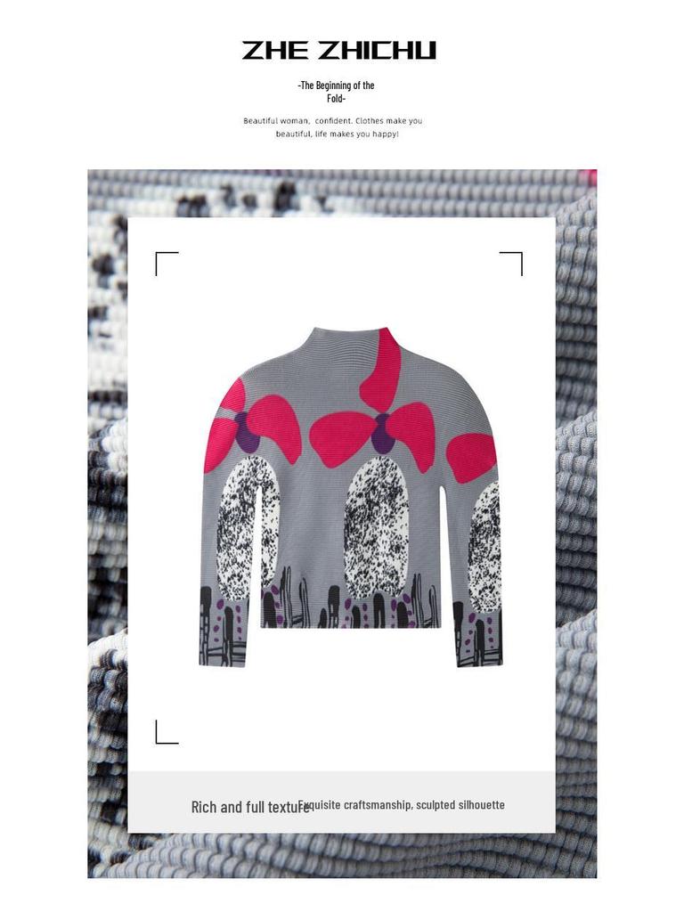 Miyake Frühling Leichte Falten Langarm Hoher Kragen Schmal Geschnittenes Oberteil