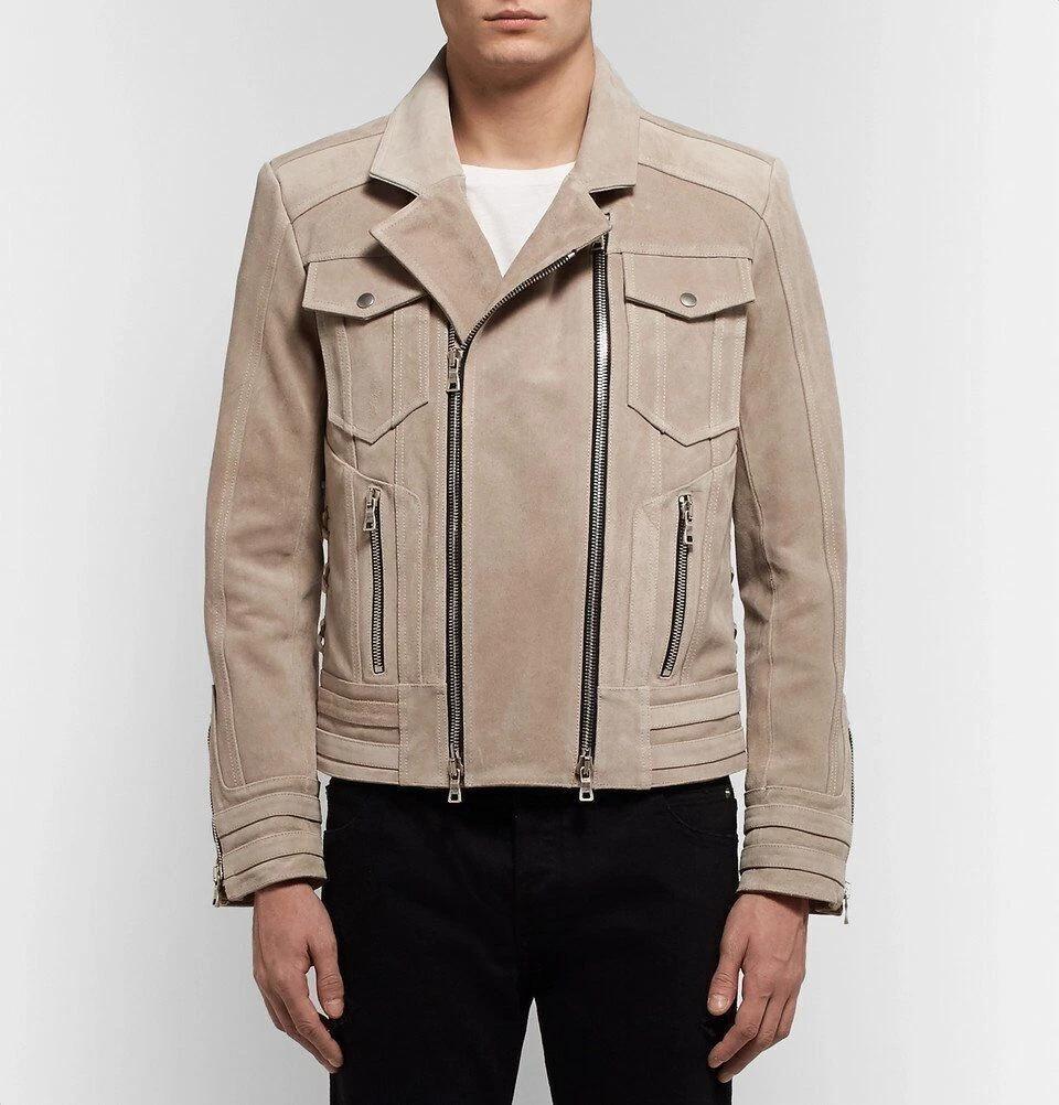 Zip Lambskin Suede Men's Beige Genuine Handmade Motorcycle Leather Jacket Biker