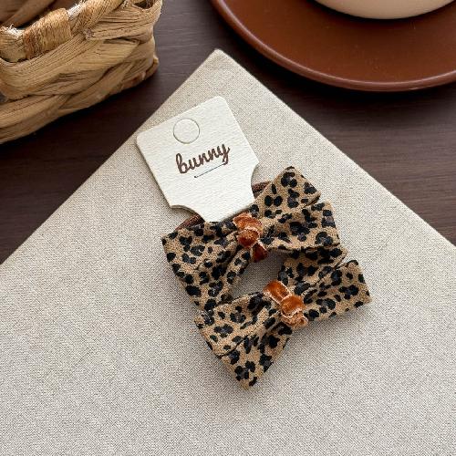 Autumn Retro Sweet Pink Coffee Leopard Pattern Bow Rabbit Hairpin Hair Ring Temperament Baby Tie Ball Head Flower Girl