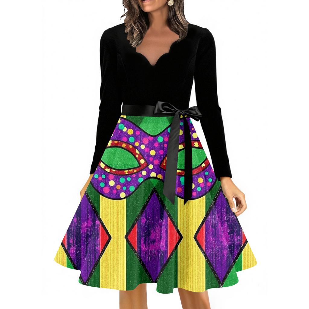 Women's Casual Fashion V Neck Long Sleeve Printed Vintage Long Dress