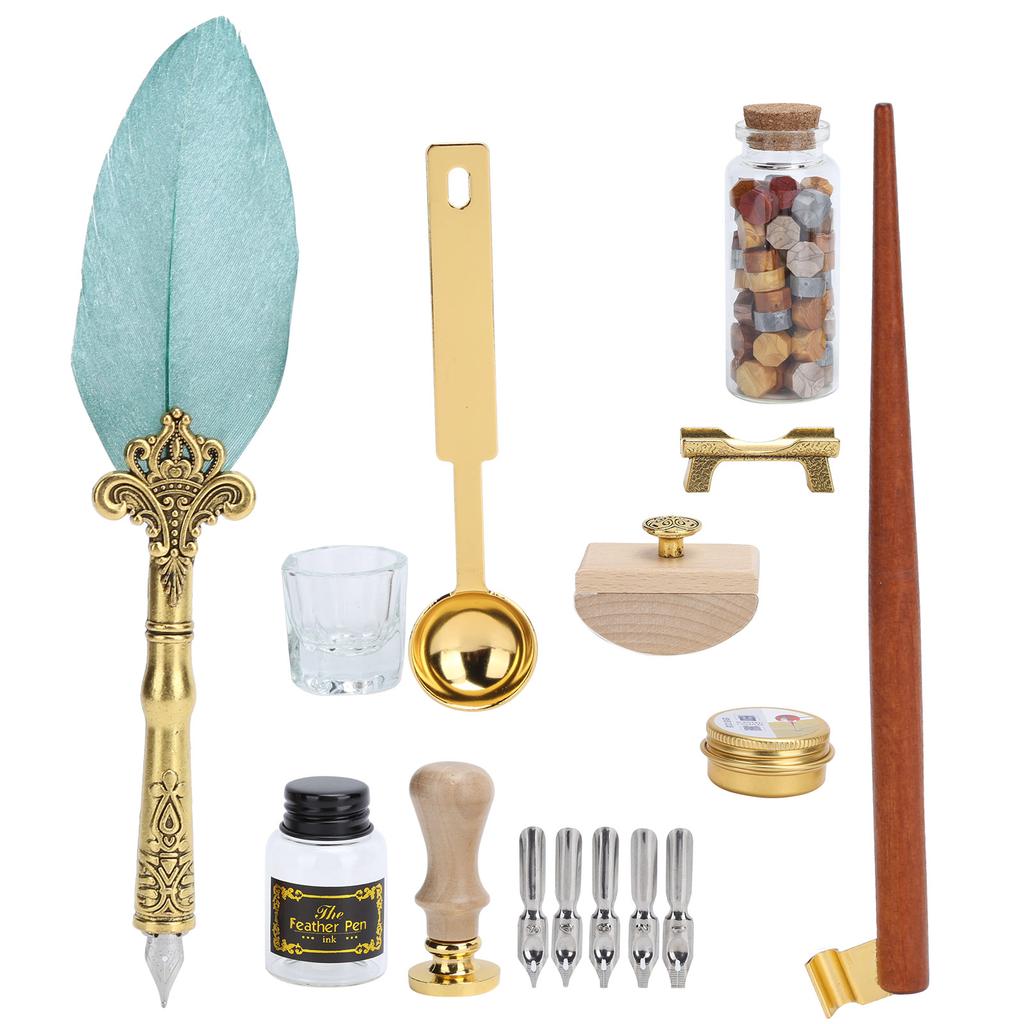 Feather Pen Wax Set Quill Dip Writing Ink Stamp Kit Vintage Student Stationery Gift BoxSP225043 Pearl Green Black
