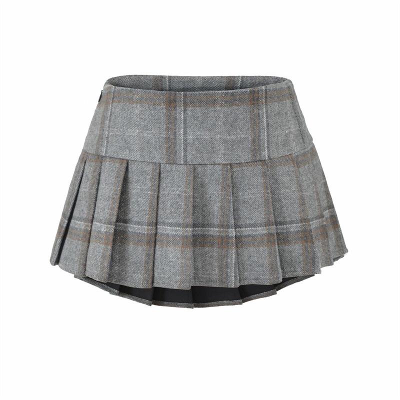 

Korean Retro Plaid Woolen Low-Waist Pleated Skirt - Women s A-Line Short Skirt Extra Small светло-серый