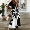 Women Plus Size V Neck Short Sleeve Black White Printed Straight Long Dress