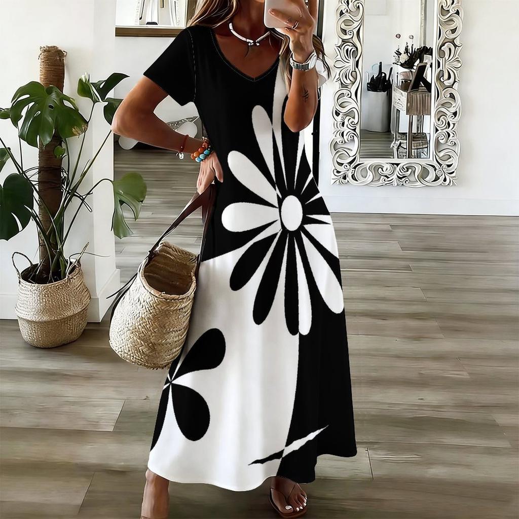 Women Plus Size V Neck Short Sleeve Black White Printed Straight Long Dress