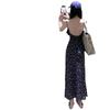 Blue printed floral backless suspender dress female summer French gentle wind waist thin fairy long dress female
