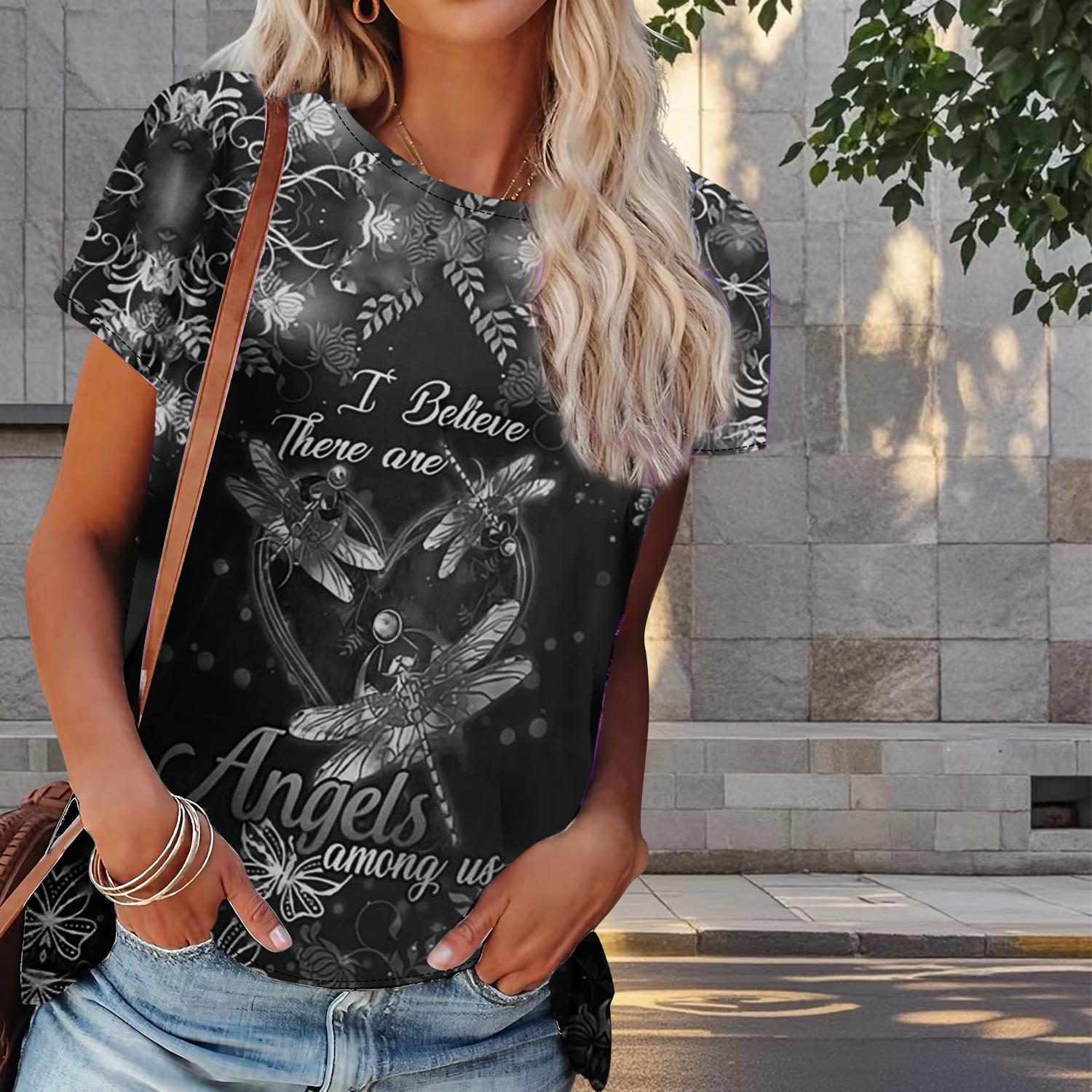 

Женская летняя футболка с принтом стрекозы в стиле ретро, футболки с коротким рукавом, повседневные топы с принтом 8XL чёрный